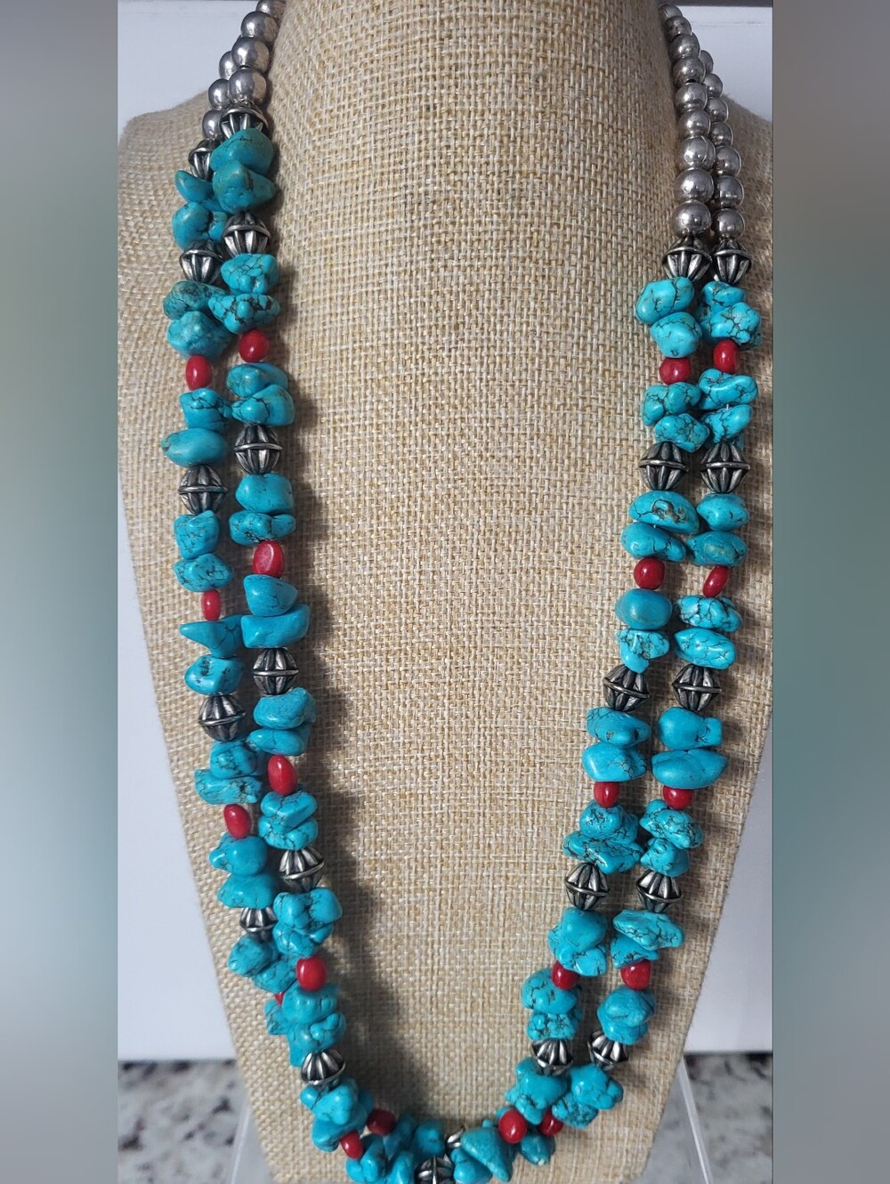 Vintage Howlite  and Red Natural Stones Double-Strand Stone Necklace